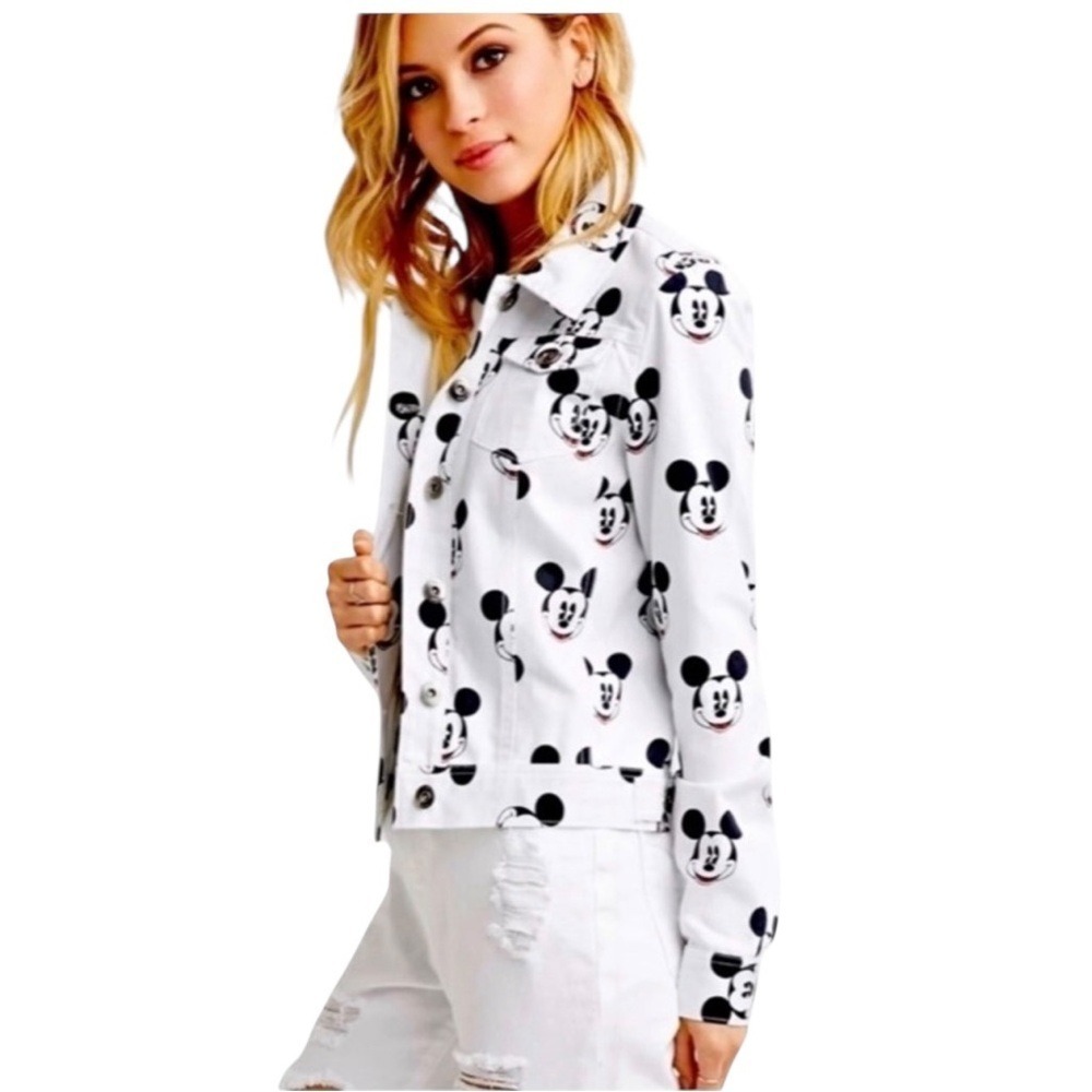 Disney Mickey Mouse White Denim Jacket XS Allover Print Trucker Rare Fair Cond